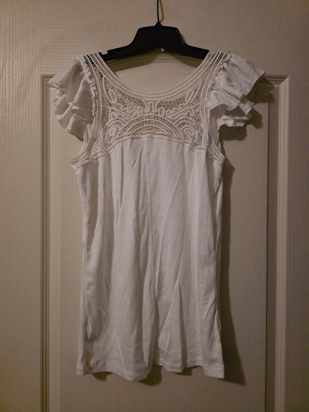 Tee Shop Top Size X-Large White Crochet Back Lace Ruffle Shirt Blouse - Picture 3 of 4